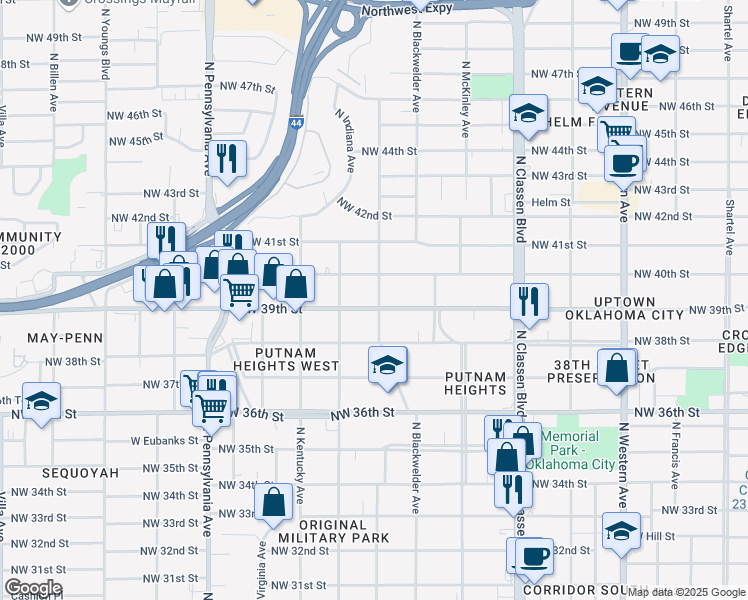 map of restaurants, bars, coffee shops, grocery stores, and more near 1701 Northwest 39th Street in Oklahoma City
