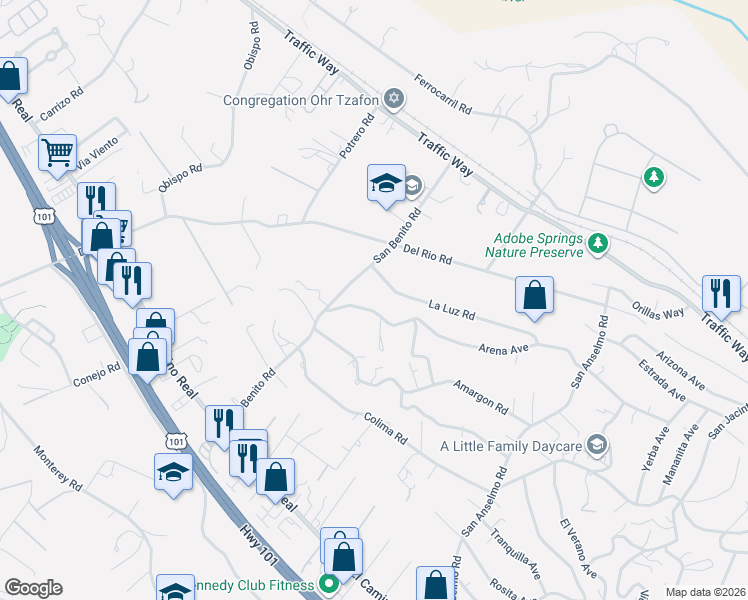 map of restaurants, bars, coffee shops, grocery stores, and more near 3175 Arena Avenue in Atascadero