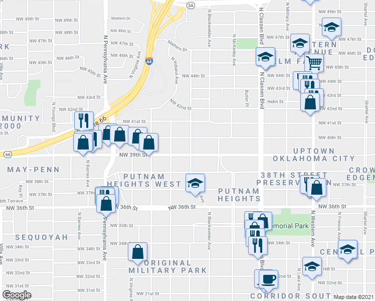 map of restaurants, bars, coffee shops, grocery stores, and more near 1700 Northwest 39th Street in Oklahoma City