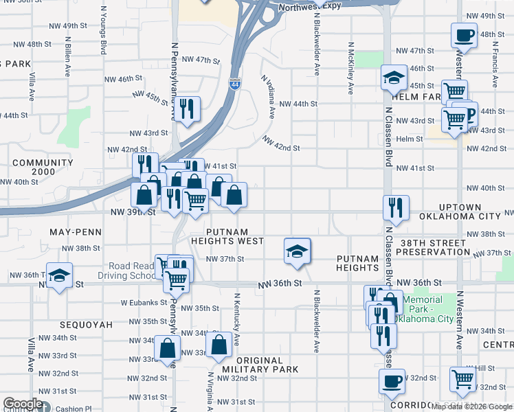 map of restaurants, bars, coffee shops, grocery stores, and more near 3914 North Indiana Avenue in Oklahoma City