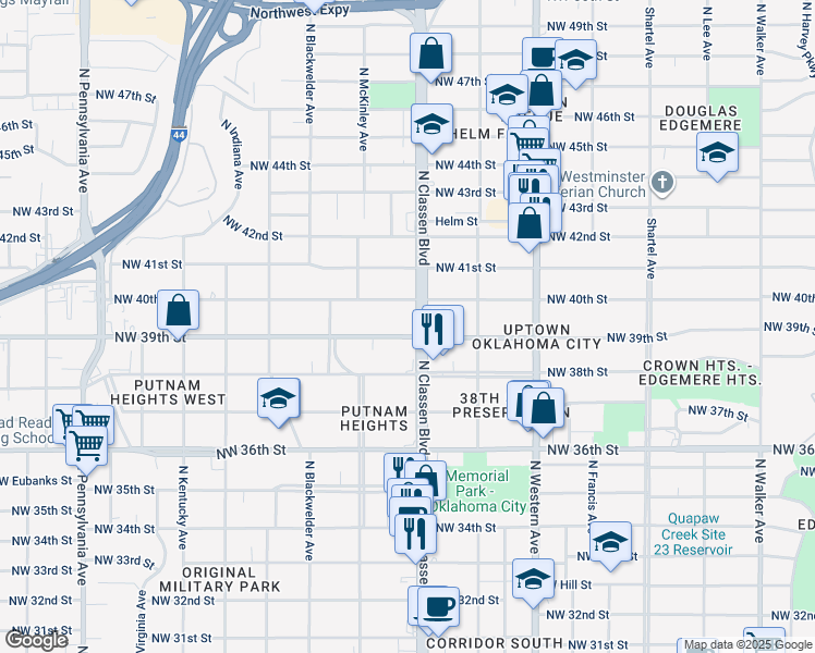map of restaurants, bars, coffee shops, grocery stores, and more near 3920 North Classen Boulevard in Oklahoma City