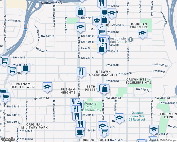 map of restaurants, bars, coffee shops, grocery stores, and more near 1216 Northwest 39th Street in Oklahoma City