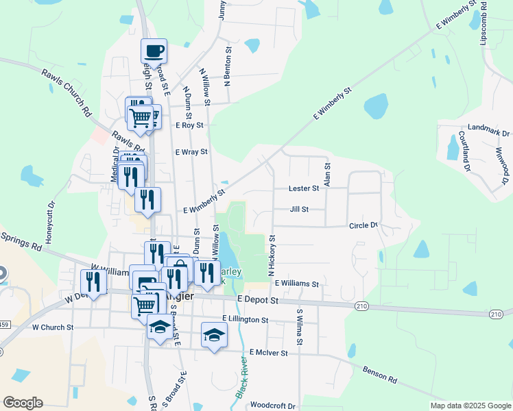 map of restaurants, bars, coffee shops, grocery stores, and more near 22 Winter Circle in Angier
