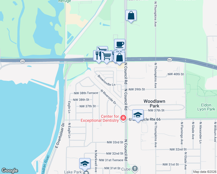 map of restaurants, bars, coffee shops, grocery stores, and more near 8104 Brownsville Lane in Bethany