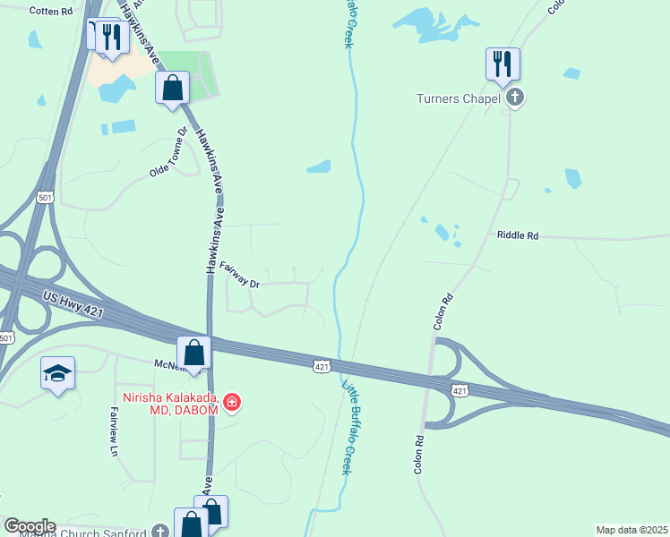 map of restaurants, bars, coffee shops, grocery stores, and more near 648 Fairway Drive in Sanford
