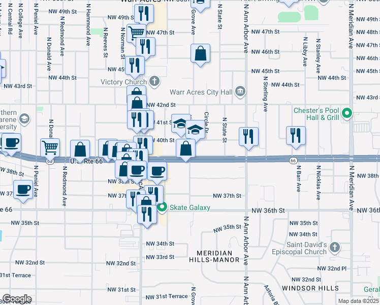 map of restaurants, bars, coffee shops, grocery stores, and more near 4020 North Grove Avenue in Warr Acres