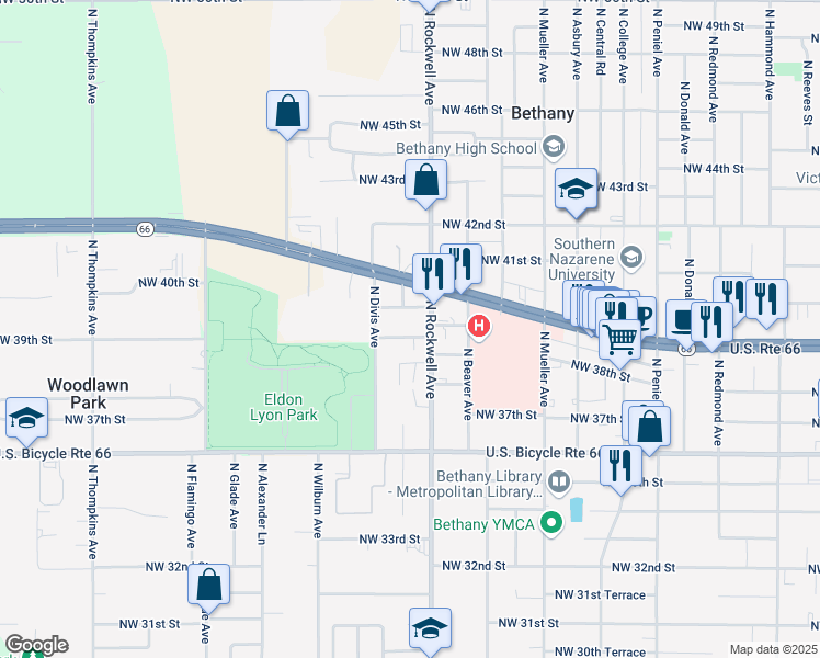 map of restaurants, bars, coffee shops, grocery stores, and more near 7112 Northwest 39th Terrace in Bethany