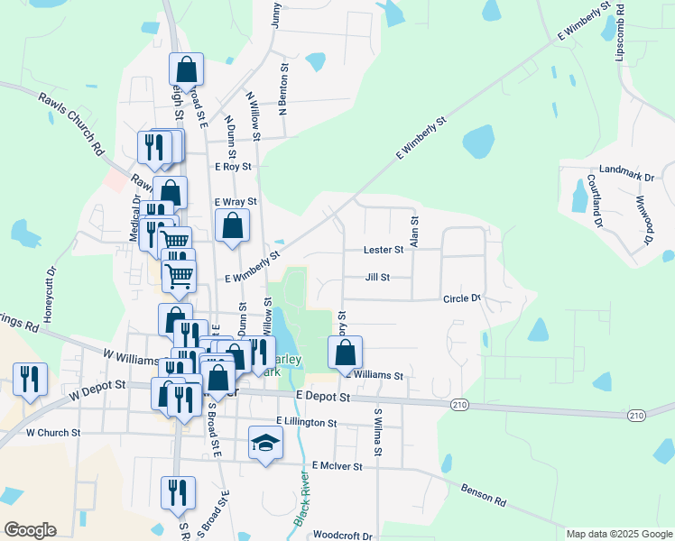 map of restaurants, bars, coffee shops, grocery stores, and more near 341 North Hickory Street in Angier