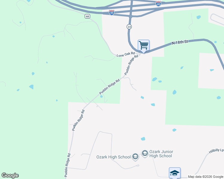 map of restaurants, bars, coffee shops, grocery stores, and more near 9401 Puddin Ridge Road in Ozark