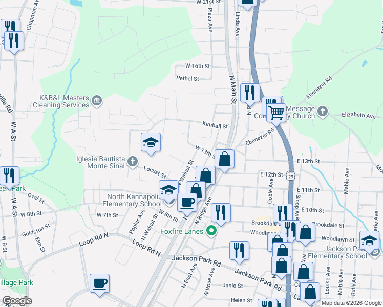 map of restaurants, bars, coffee shops, grocery stores, and more near 308 West 13th Street in Kannapolis
