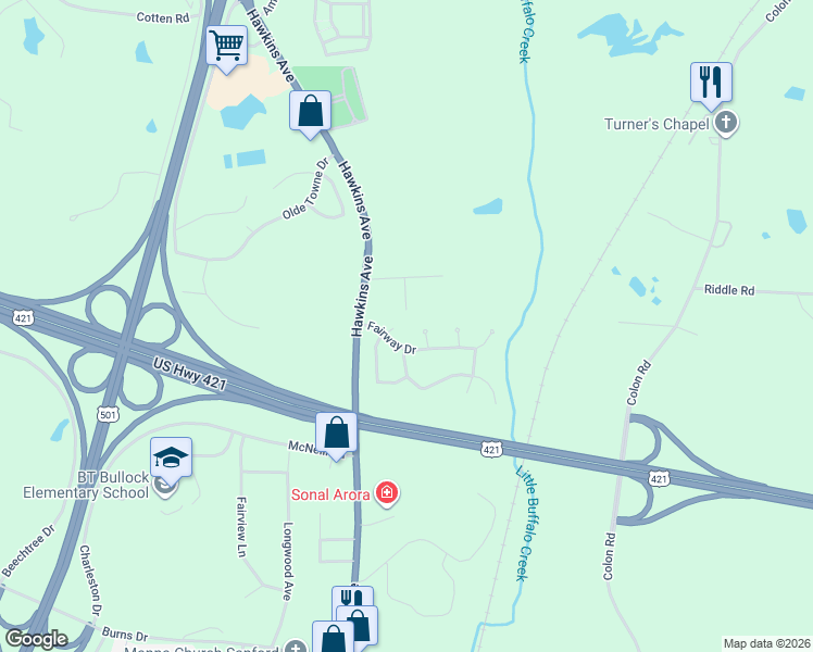 map of restaurants, bars, coffee shops, grocery stores, and more near 2205 Bridgeport Circle in Sanford