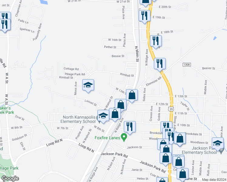 map of restaurants, bars, coffee shops, grocery stores, and more near 1209 North Walnut Street in Kannapolis