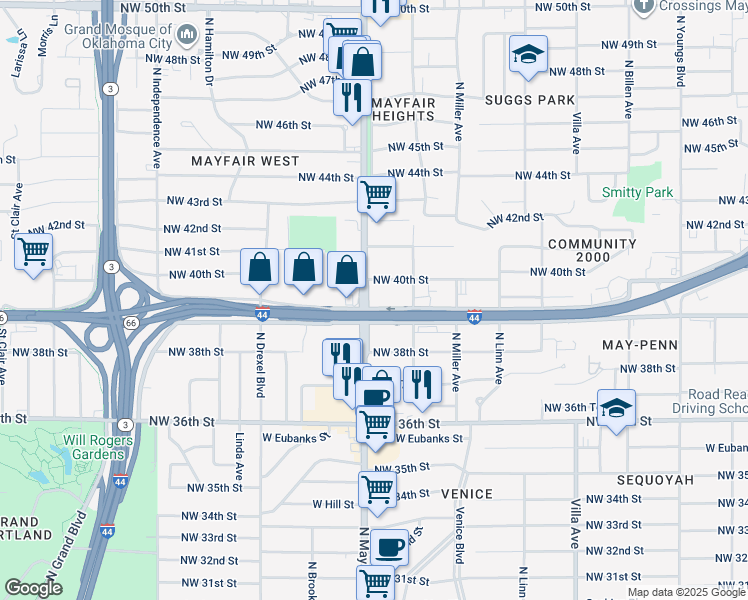 map of restaurants, bars, coffee shops, grocery stores, and more near 2801 Northwest 39th Street in Oklahoma City