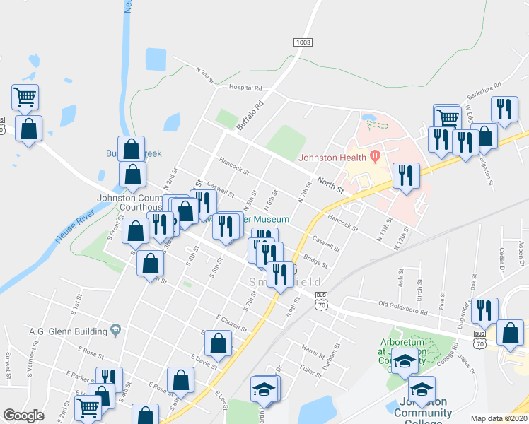 map of restaurants, bars, coffee shops, grocery stores, and more near Caswell Street in Smithfield