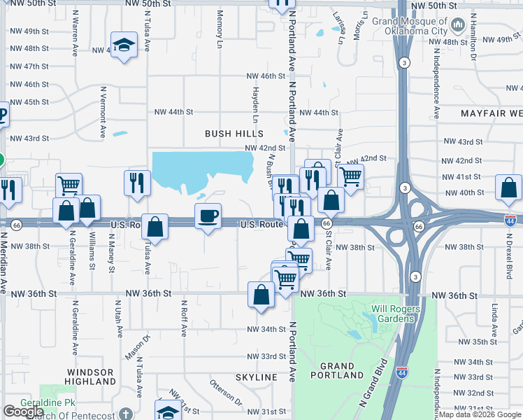 map of restaurants, bars, coffee shops, grocery stores, and more near 3741 Northwest 39th Street in Oklahoma City