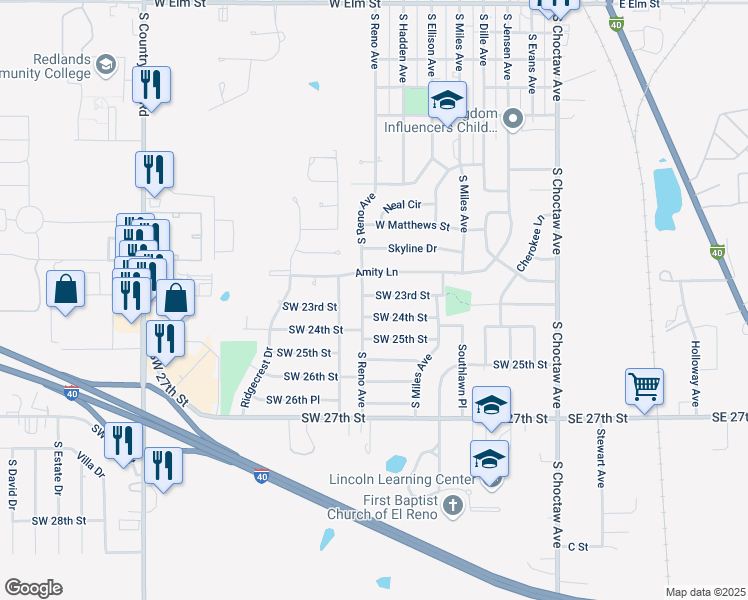 map of restaurants, bars, coffee shops, grocery stores, and more near 1604 South Reno Avenue in El Reno