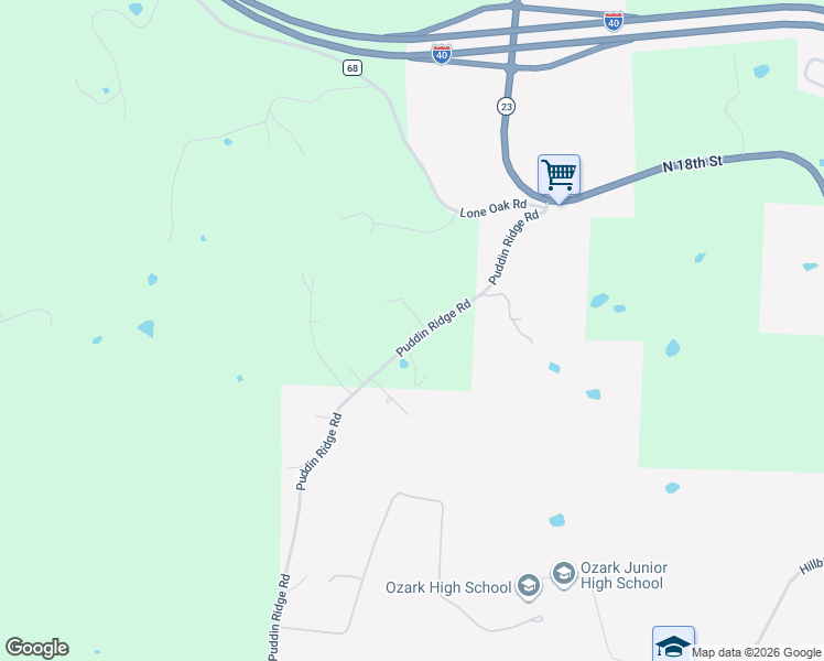 map of restaurants, bars, coffee shops, grocery stores, and more near 9401 Puddin Ridge Road in Ozark