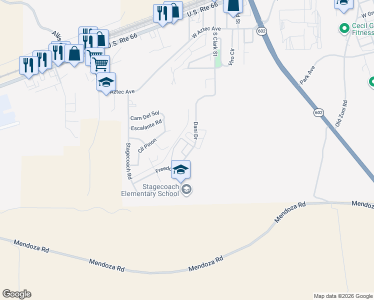 map of restaurants, bars, coffee shops, grocery stores, and more near 650 Dani Drive in Gallup