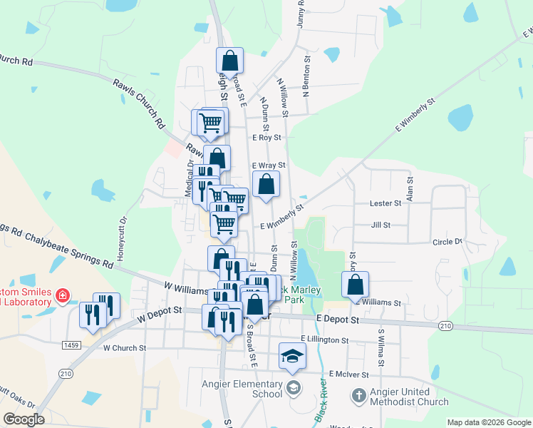 map of restaurants, bars, coffee shops, grocery stores, and more near 380 North Dunn Street in Angier