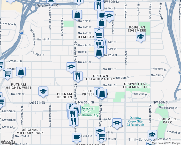 map of restaurants, bars, coffee shops, grocery stores, and more near 1134 Northwest 40th Street in Oklahoma City
