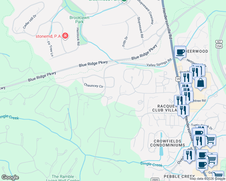 map of restaurants, bars, coffee shops, grocery stores, and more near 83 Chauncey Circle in Biltmore Forest