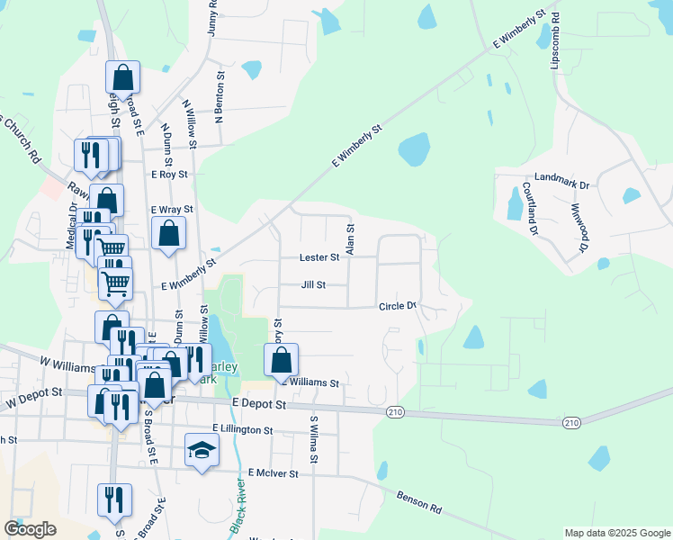 map of restaurants, bars, coffee shops, grocery stores, and more near in Angier