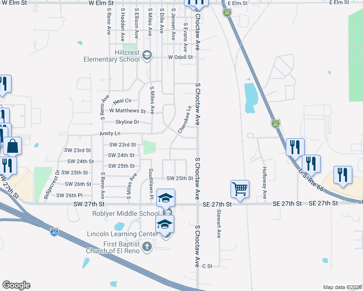 map of restaurants, bars, coffee shops, grocery stores, and more near 217 Holbrook Drive in El Reno