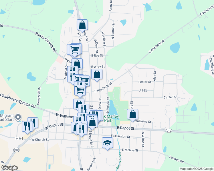 map of restaurants, bars, coffee shops, grocery stores, and more near North Willow Street in Angier