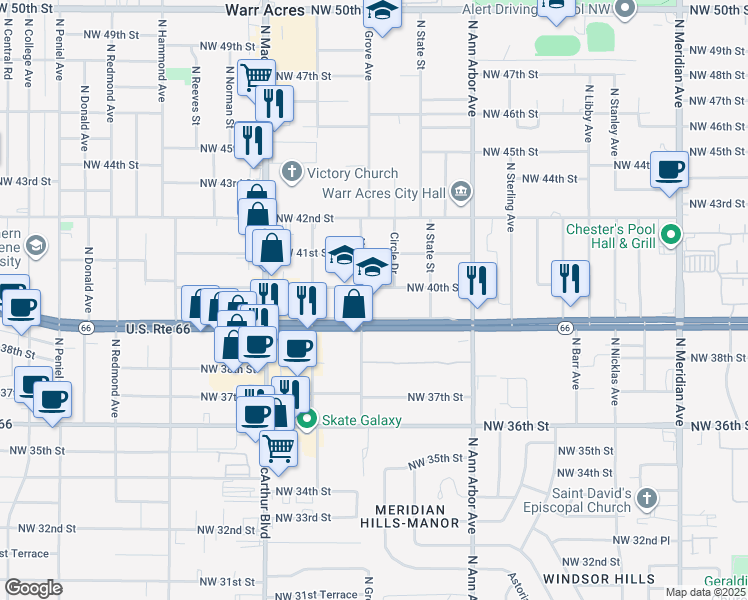 map of restaurants, bars, coffee shops, grocery stores, and more near 4020 North Grove Avenue in Warr Acres