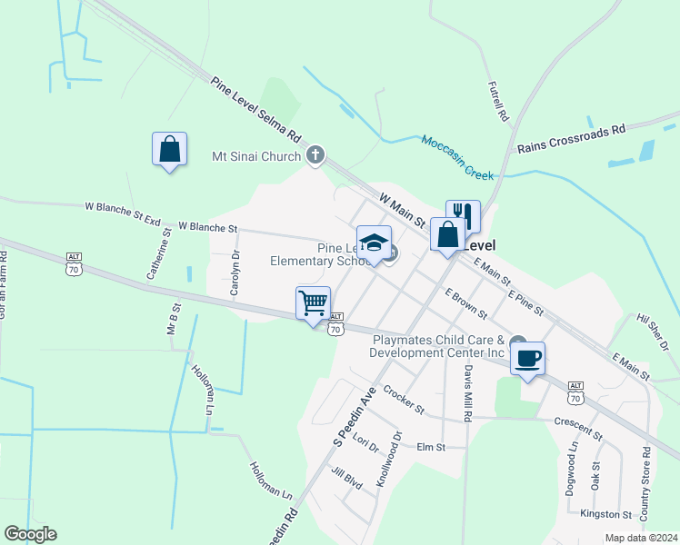 map of restaurants, bars, coffee shops, grocery stores, and more near 113 South Herring Street in Pine Level