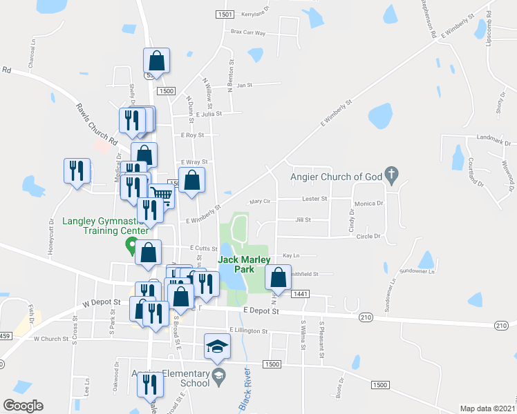 map of restaurants, bars, coffee shops, grocery stores, and more near 65 Mary Circle in Angier