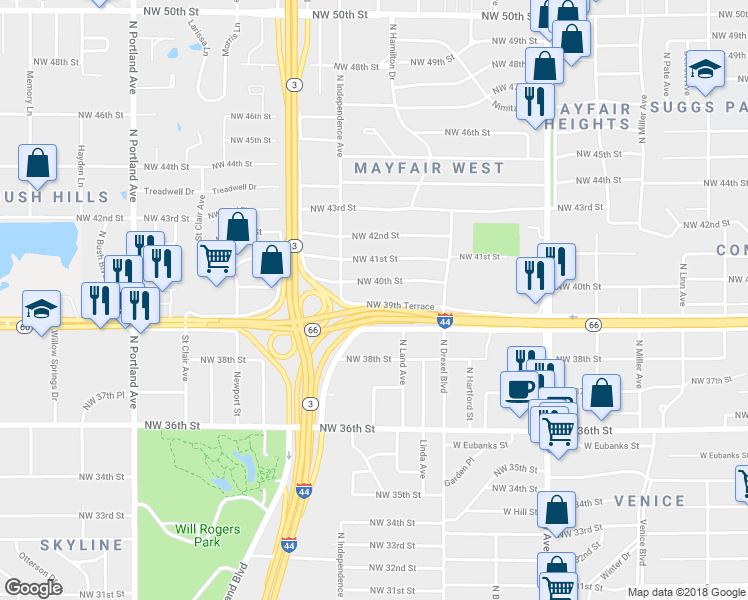 map of restaurants, bars, coffee shops, grocery stores, and more near 3217 Northwest 39th Terrace in Oklahoma City