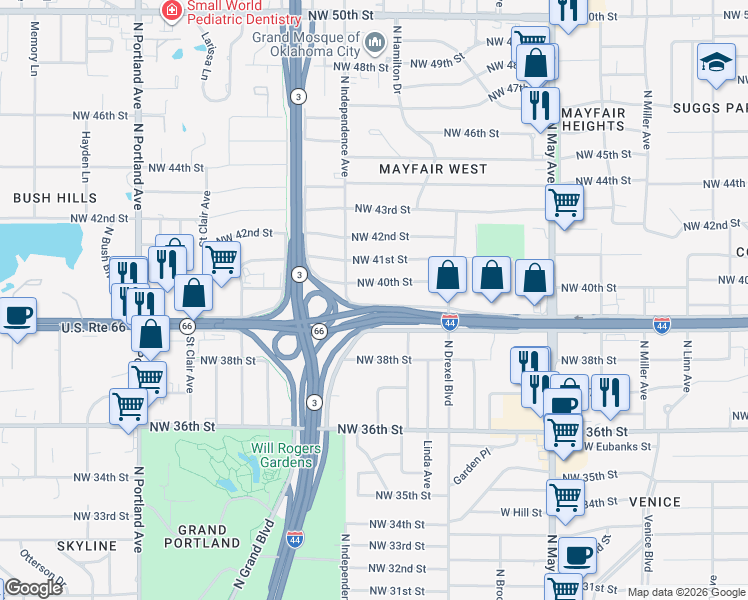 map of restaurants, bars, coffee shops, grocery stores, and more near 3228 Northwest 40th Street in Oklahoma City