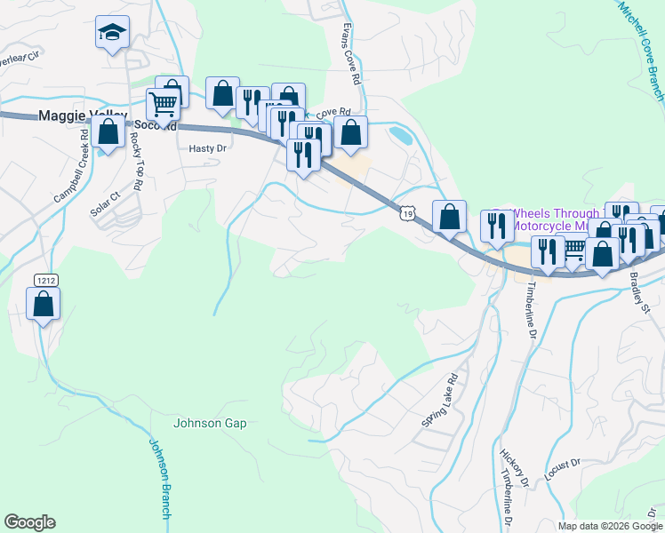 map of restaurants, bars, coffee shops, grocery stores, and more near 303 Shuler Drive in Maggie Valley