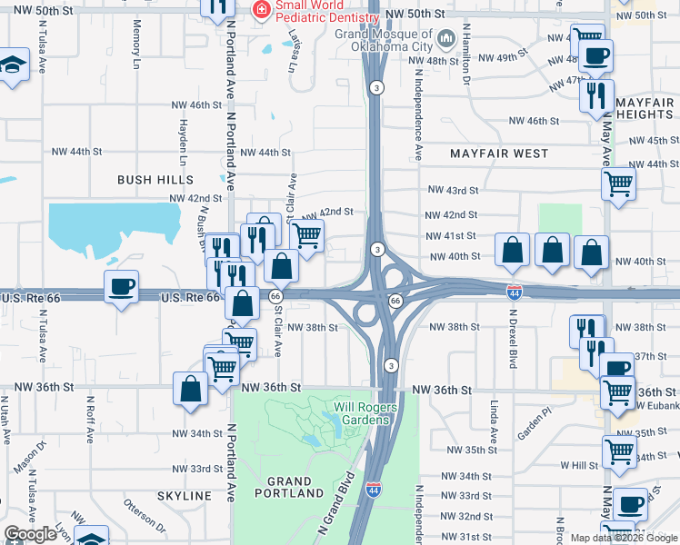 map of restaurants, bars, coffee shops, grocery stores, and more near 3407 Northwest 39th Street in Oklahoma City