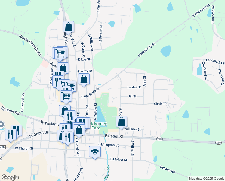 map of restaurants, bars, coffee shops, grocery stores, and more near 65 Mary Circle in Angier