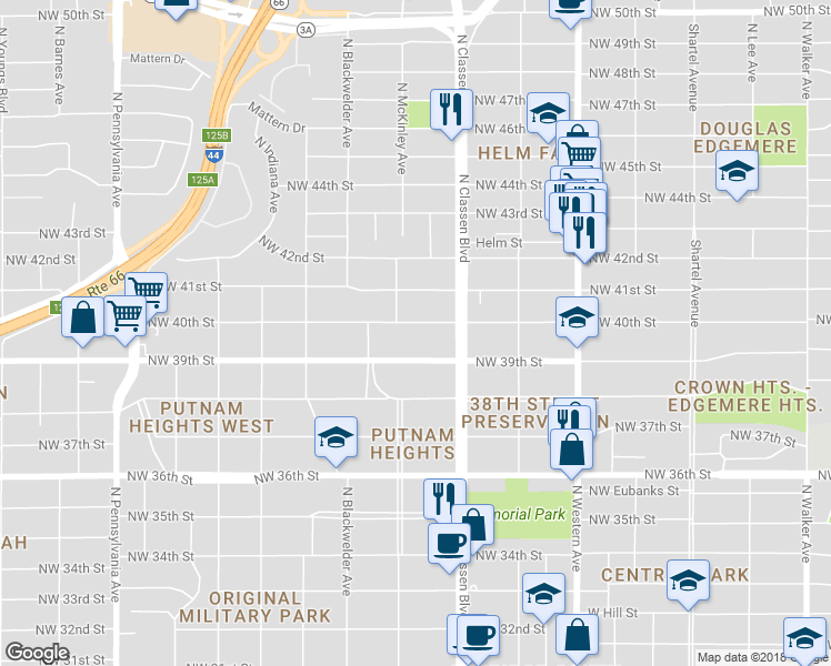 map of restaurants, bars, coffee shops, grocery stores, and more near 1432 Northwest 40th Street in Oklahoma City
