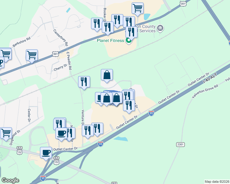map of restaurants, bars, coffee shops, grocery stores, and more near 222 East Peedin Road in Smithfield