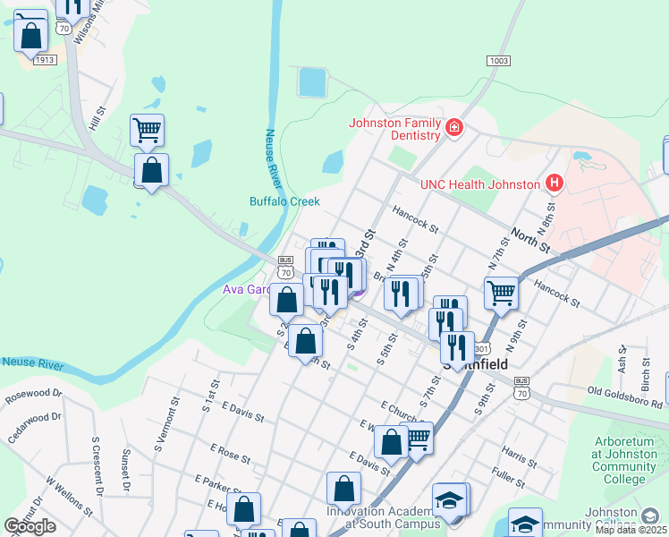 map of restaurants, bars, coffee shops, grocery stores, and more near 210 Bridge Street in Smithfield