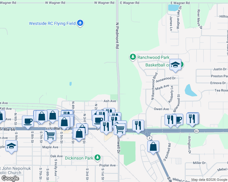 map of restaurants, bars, coffee shops, grocery stores, and more near 402 North Piedmont Road in Yukon