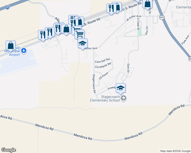 map of restaurants, bars, coffee shops, grocery stores, and more near 605 Stagecoach Road in Gallup