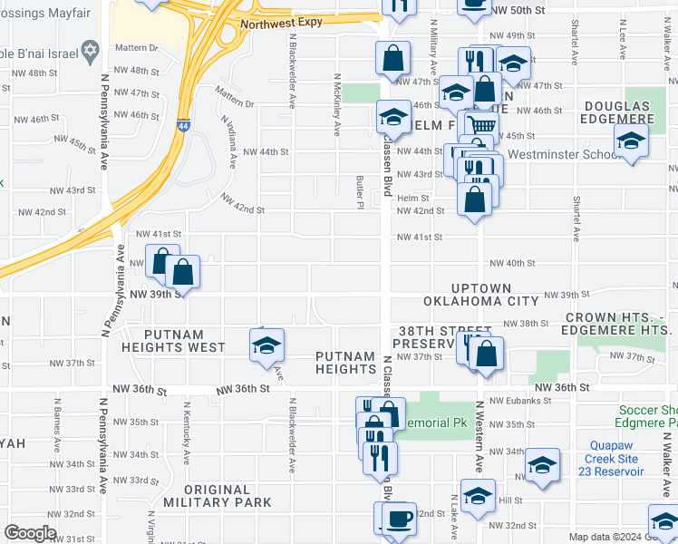map of restaurants, bars, coffee shops, grocery stores, and more near 1442 Northwest 40th Street in Oklahoma City