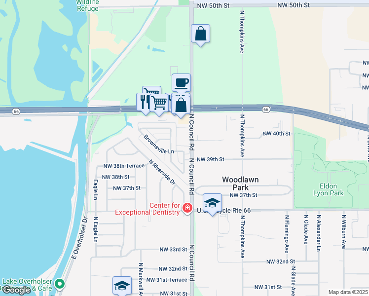 map of restaurants, bars, coffee shops, grocery stores, and more near 8009 Brownsville Lane in Bethany