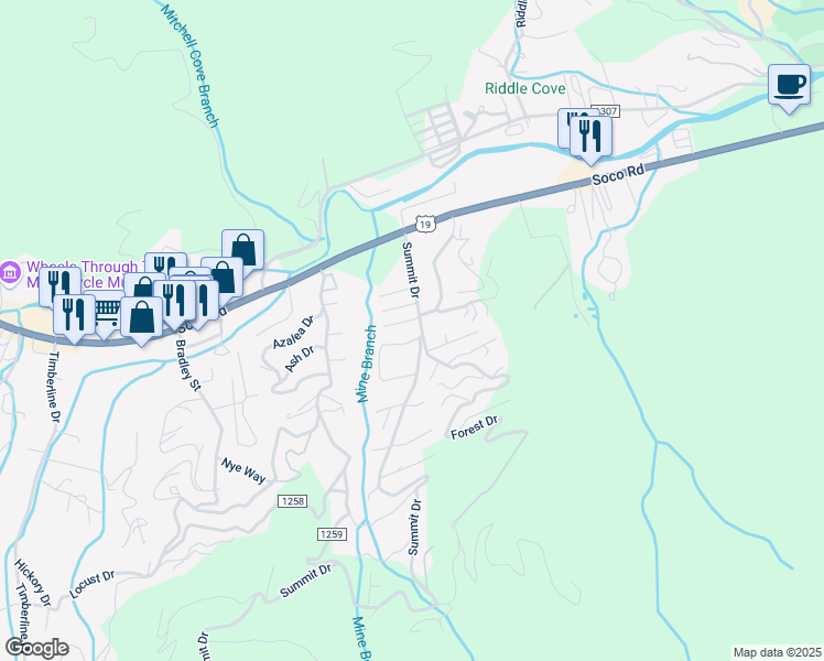 map of restaurants, bars, coffee shops, grocery stores, and more near 50 Gail Drive in Maggie Valley