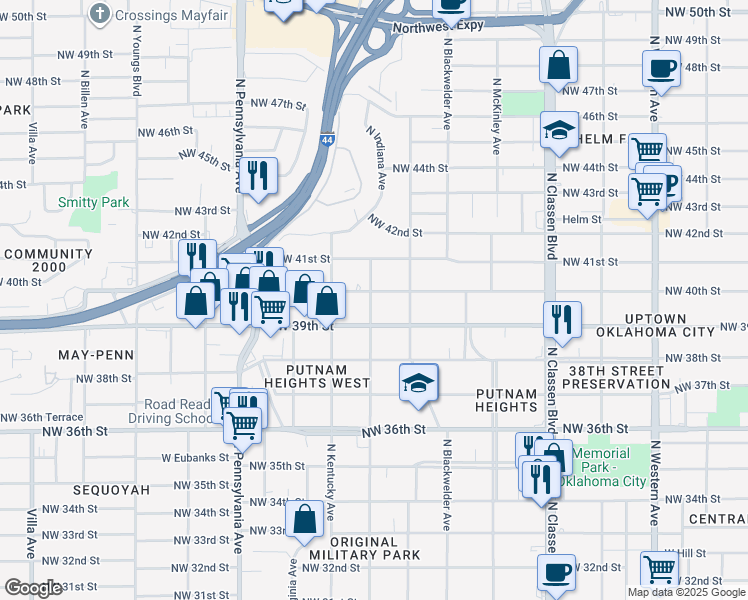 map of restaurants, bars, coffee shops, grocery stores, and more near 4012 North Indiana Avenue in Oklahoma City