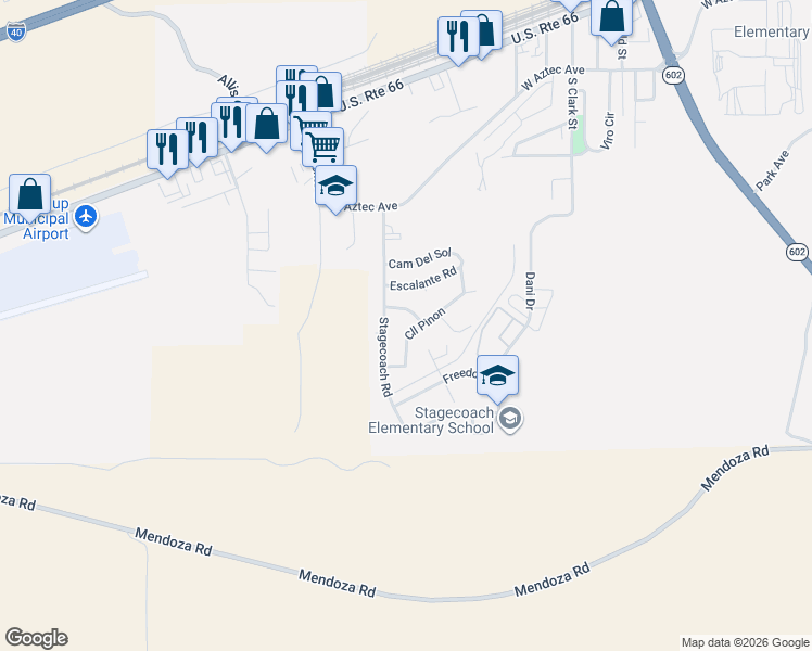 map of restaurants, bars, coffee shops, grocery stores, and more near 605 Stagecoach Road in Gallup