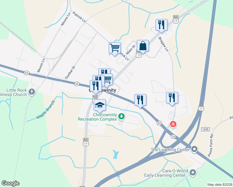 map of restaurants, bars, coffee shops, grocery stores, and more near 33 Elizabeth Avenue in Chocowinity