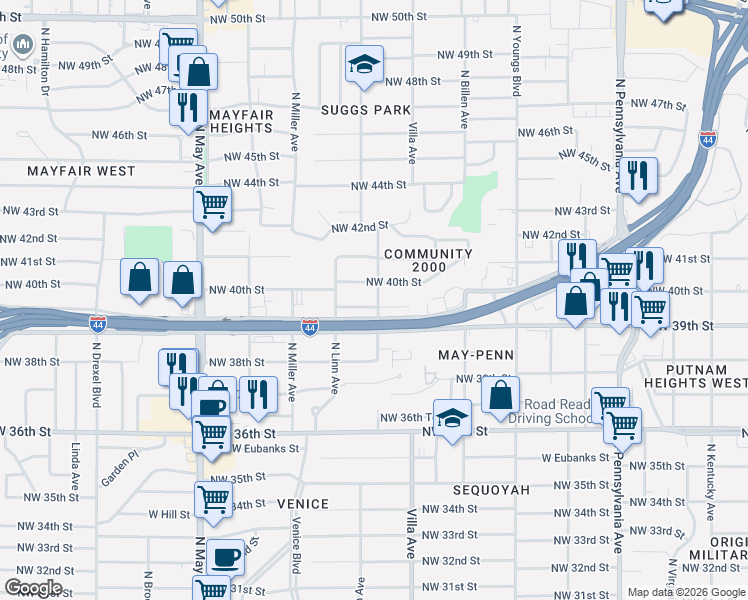 map of restaurants, bars, coffee shops, grocery stores, and more near 2504 Northwest 40th Street in Oklahoma City