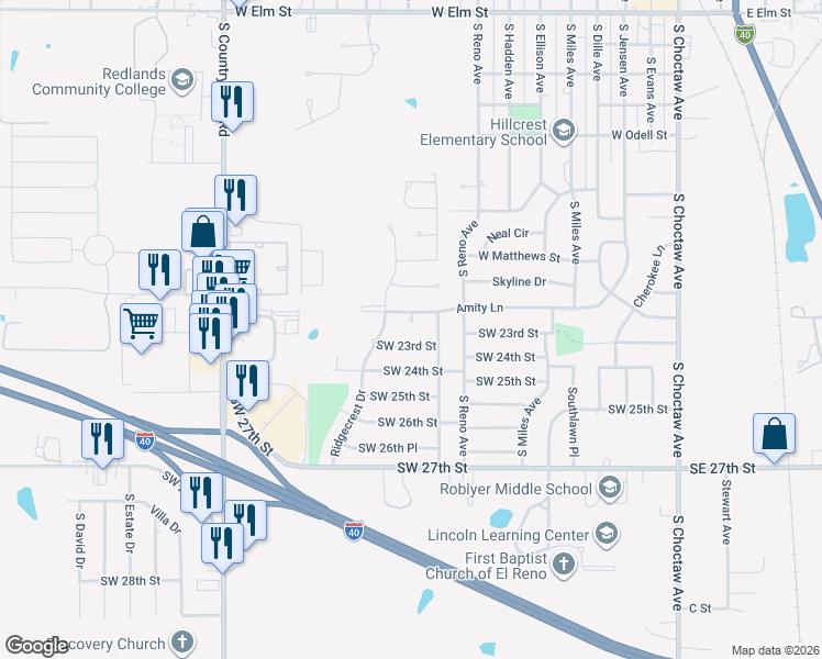 map of restaurants, bars, coffee shops, grocery stores, and more near 805 Amity Lane in El Reno