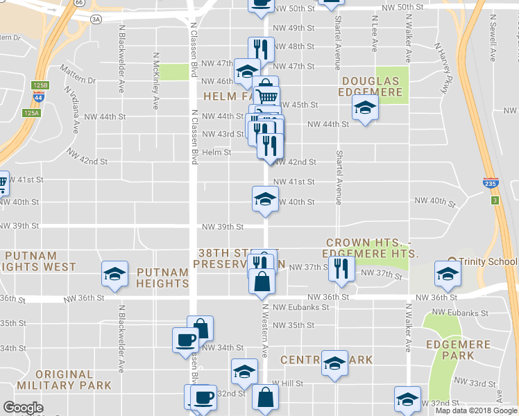 map of restaurants, bars, coffee shops, grocery stores, and more near 1108 Northwest 40th Street in Oklahoma City